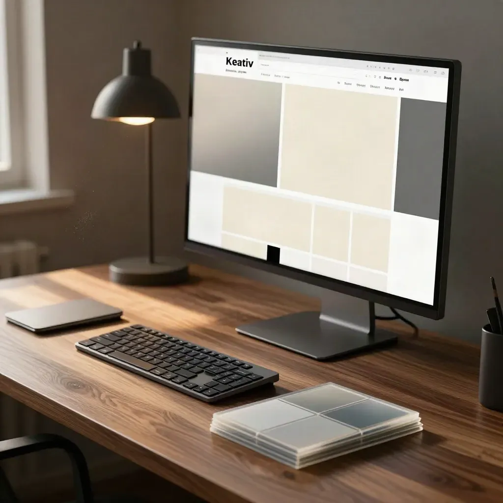 Webbdesignstation med skärm, tangentbord och gråa gränssnittskort i varmt ljus.