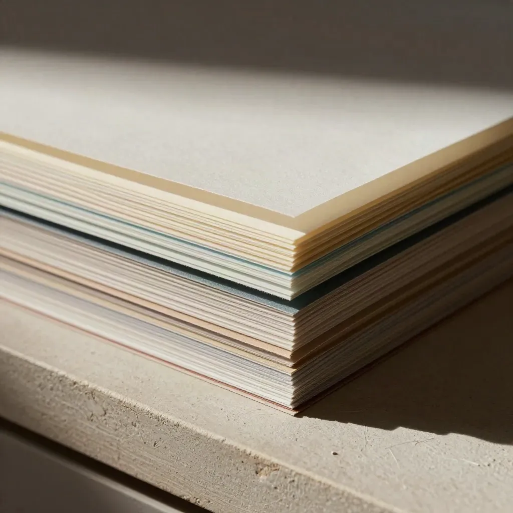 Lager av pappersprover med vellum och acetat i sidoljus, med subtil teal-detalj.