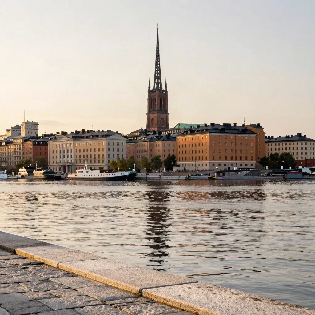 Stockholms siluett med Riddarholmen-spiran över stilla vatten i mjuk kvällsdimma.
