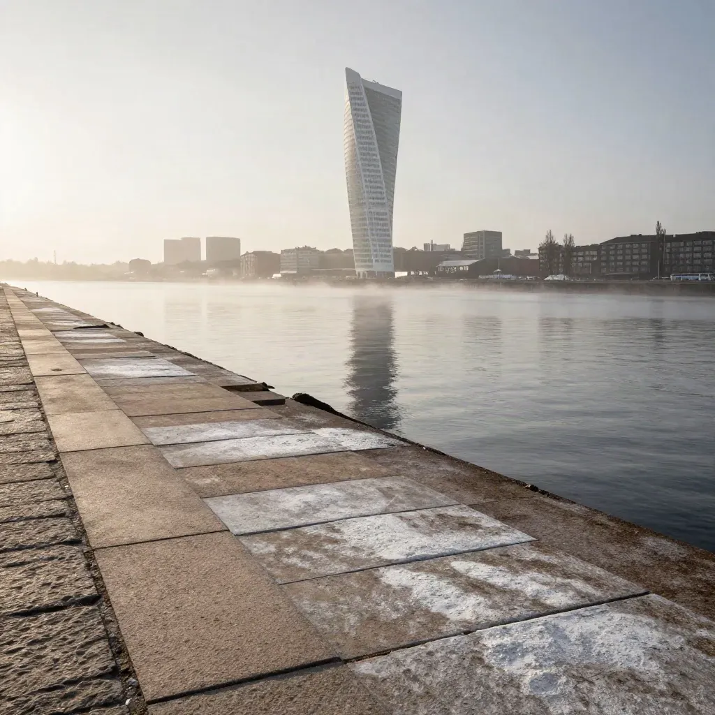 Turning Torso över Västra Hamnen i mjukt kvällsljus vid stenpromenaden.