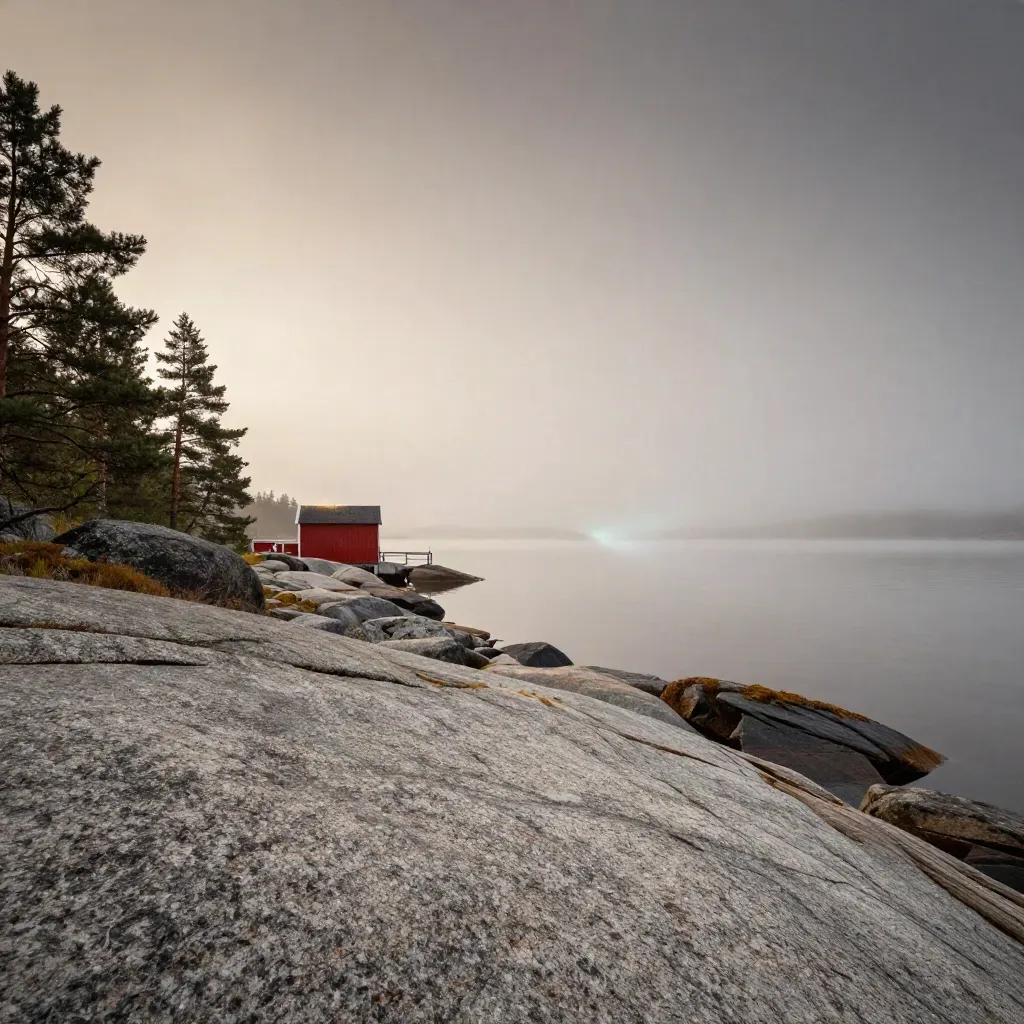Svensk sjö med tallar, granitstrand och ett litet rött båthus i dis